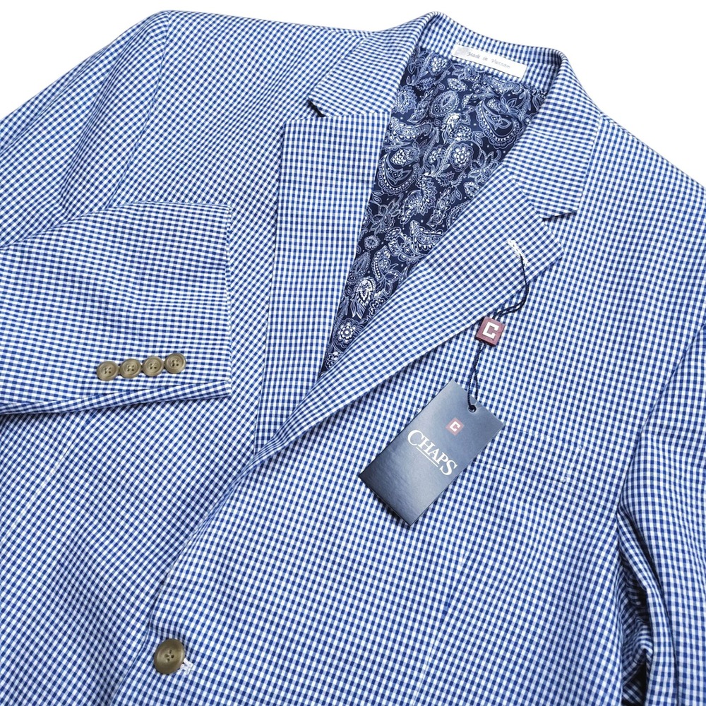 Chaps Sport Coat Men 46R Blue White Gingham Cotton 2-Button Blazer Seersucker